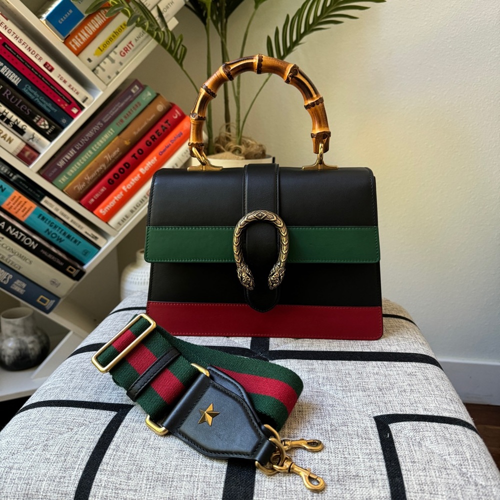 Calfskin Bamboo Web Dionysus Top Handle Bag Black Bright Evergreen Hibiscus Red